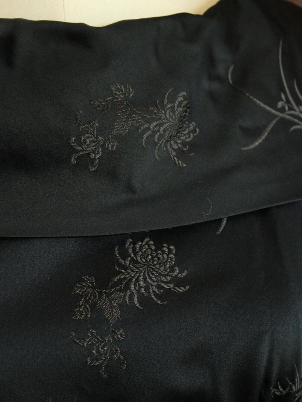 Vintage 1960s Dress, Black Satin Brocade Gown, Portrait Neckline Wiggle Style - Picture 4 of 13